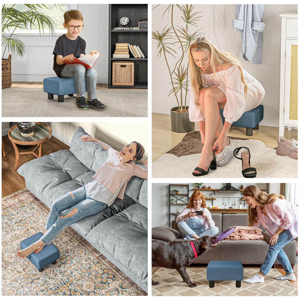 POUF DE-16384 gepolstert mit Leinenbezug Dunkelblau - Blau, Textil (30/24/40cm) - ComfortXL
