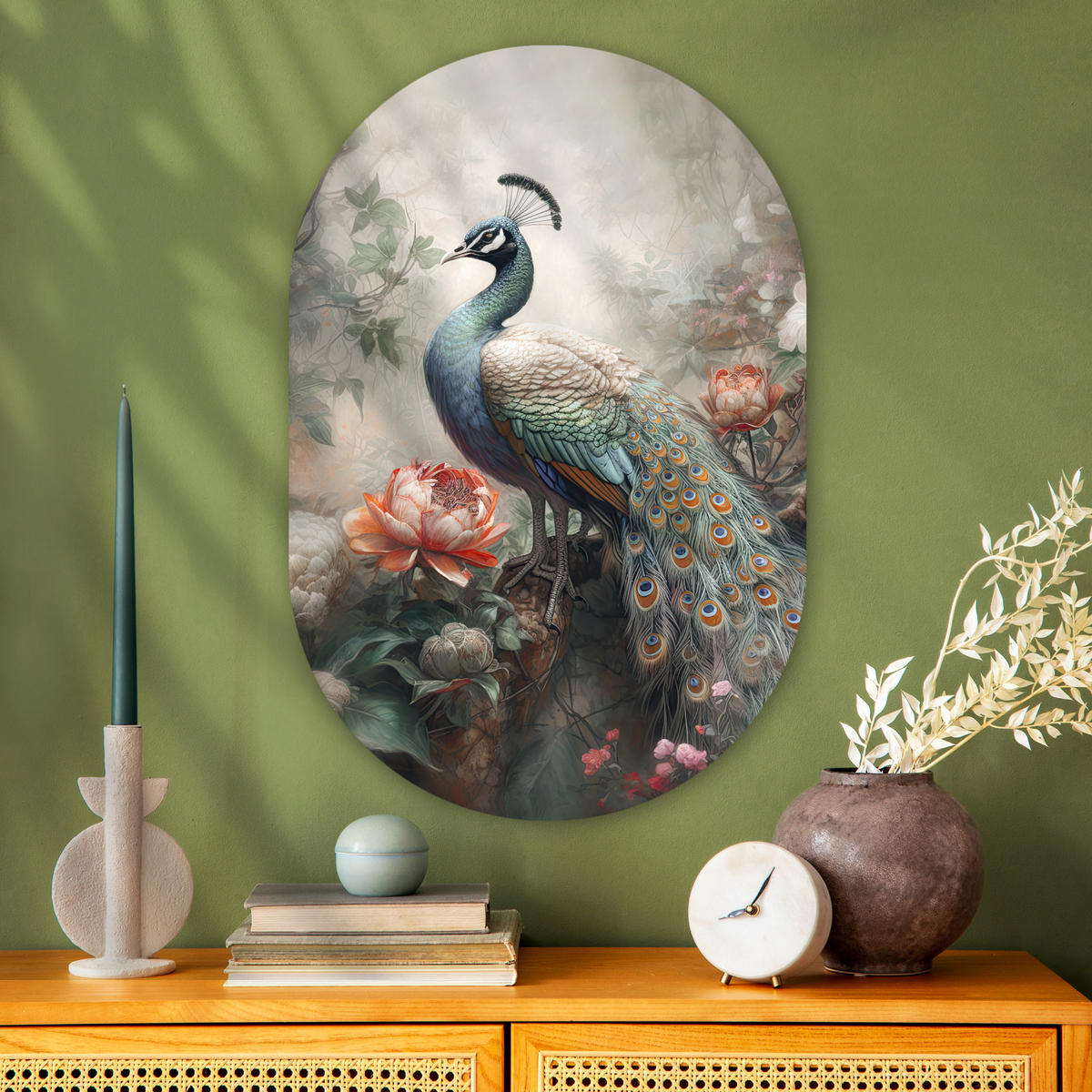 WANDBILD Pfau - Pfauenfedern - Vogel - Dschungel - Blumen 60x90 cm - Smaragdgrün, Kunststoff (60/90cm) - MuchoWow