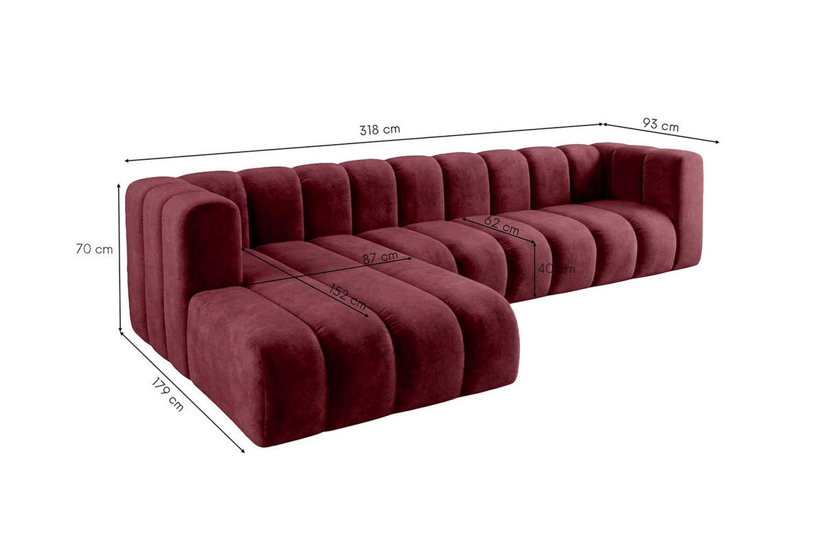 ECKSOFA Modulares In L-Form, Velvet-Stoff Riviera, Rotwein, Links, GRAND 318 cm - Dunkelrot, Holz (318/179cm) - Kaiser Möbel