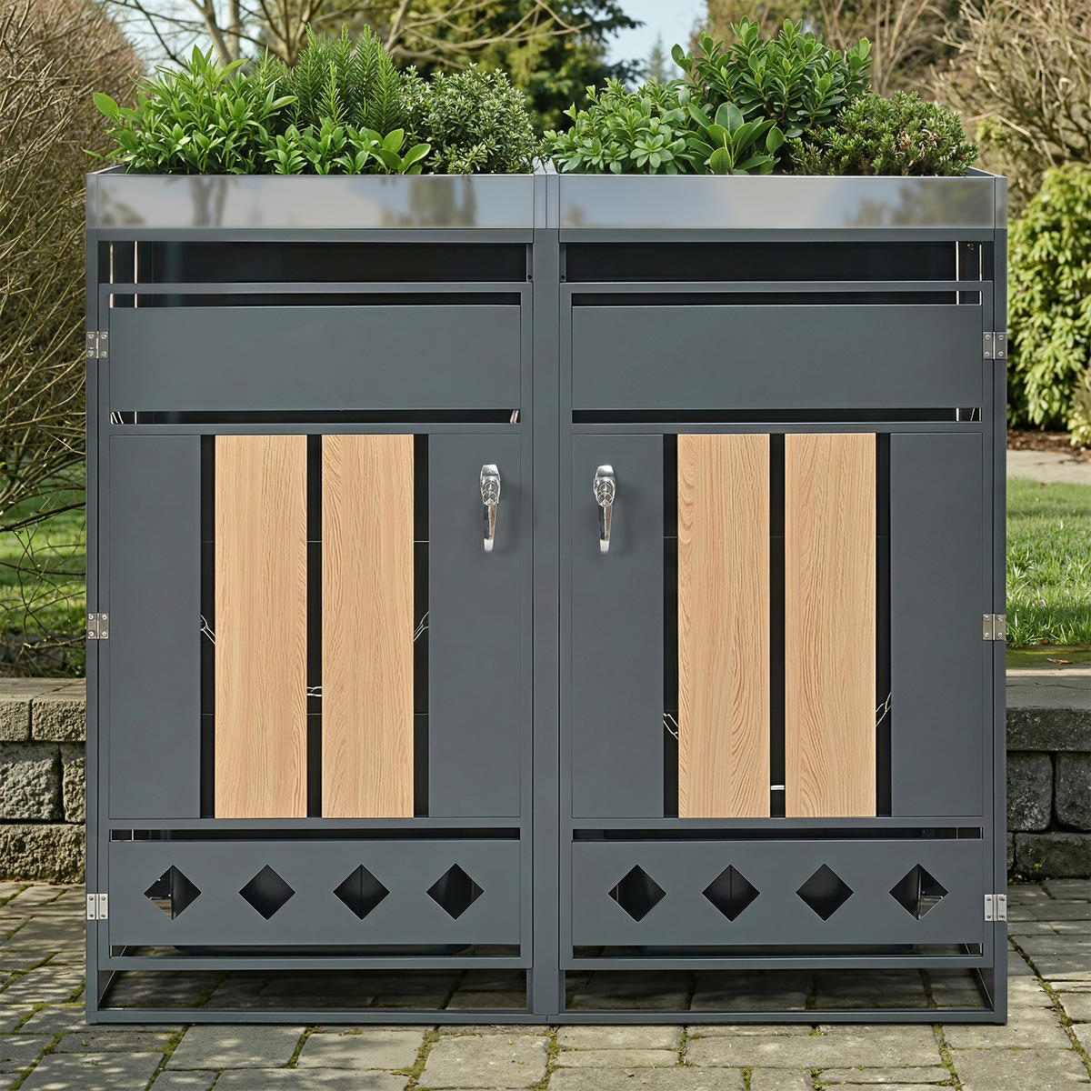 MÜLLTONNENBOX 2 Türen Holzoptik vertikal - Grau, Metall (132/124.5/80cm) - LEBENLANG