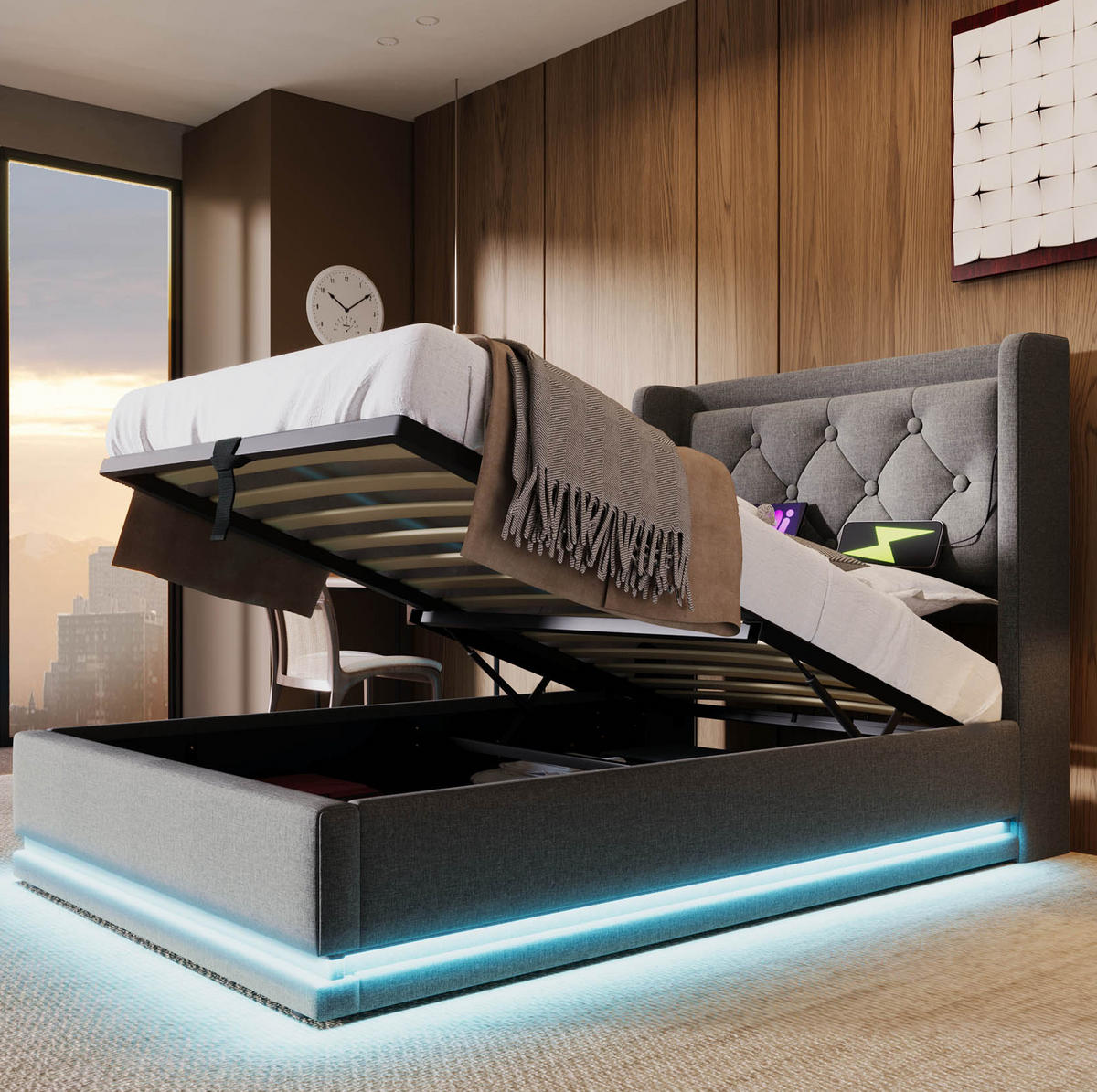 BETT mit Stauraum, USB & LED 90x200 cm Baumwolle Grau inkl. Matratze - Grau, Metall (90/200cm) - Meubliv