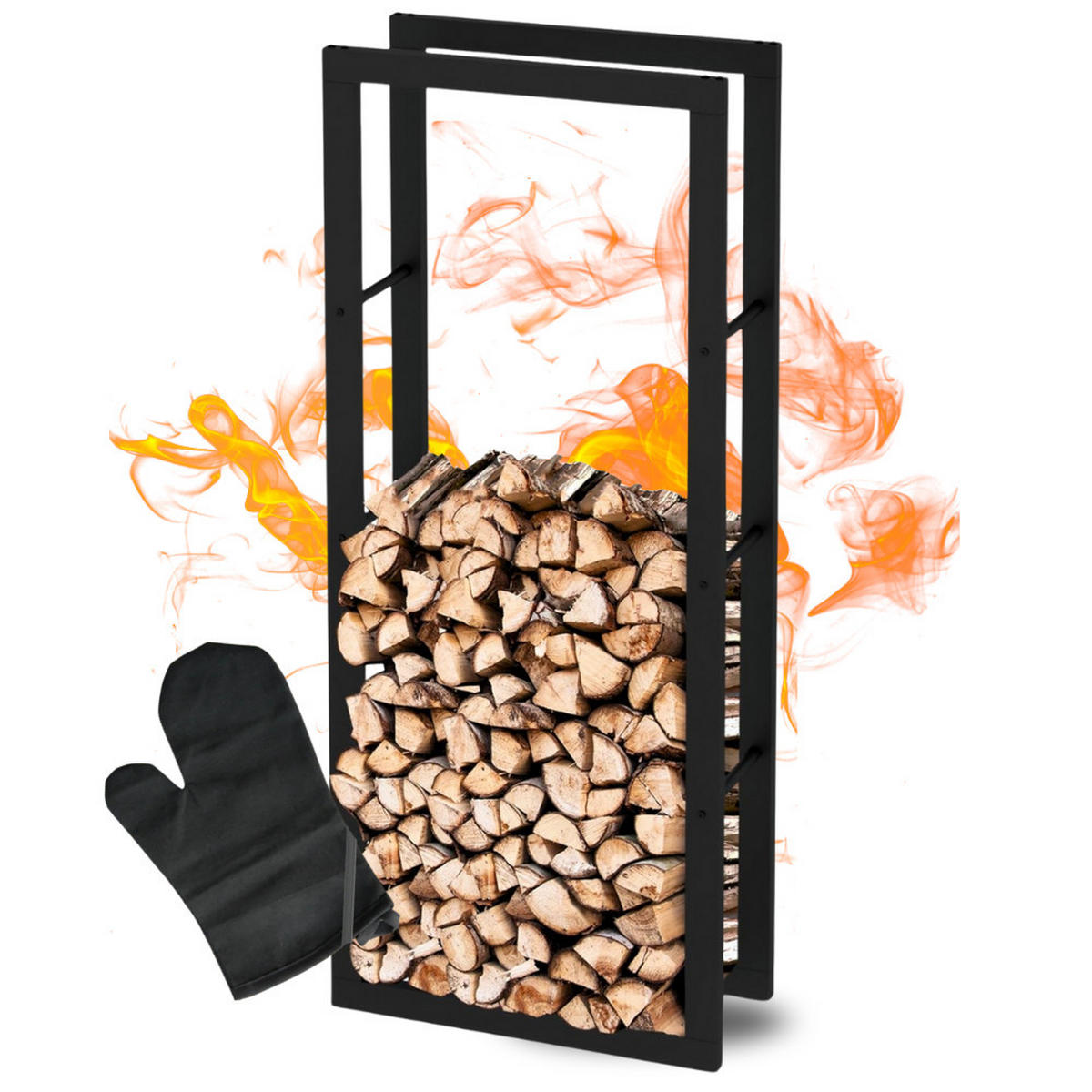 KAMINHOLZREGAL innen Metall KEOP Schwarz 60x25x150 cminkl. Ofenhandschuh - Schwarz, Metall (60/150/25cm) - DELUKE