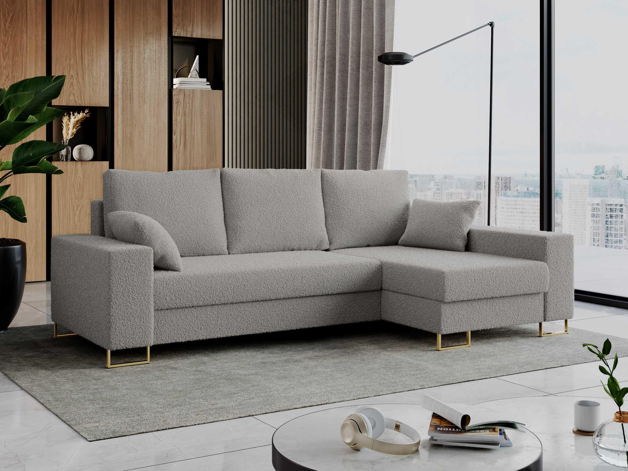 ECKSOFA Dorian Boucle Hellgrau - Goldfarben/Hellgrau, Textil/Metall (242/138cm) - MKS