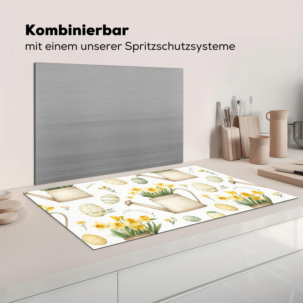 HERDABDECKPLATTE Gießkanne - Blumen - Eier Ceranfeldabdeckung 90x52 cm - Weiß, Kunststoff (90/52/0.2cm) - MuchoWow
