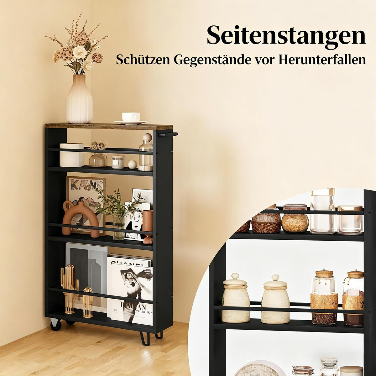 SERVIERWAGEN DE-41496 47/80/13 cm, schmal, 3 Regale, Rollen Schwarz - Schwarz, Holzwerkstoff (13/80/47cm) - ComfortXL