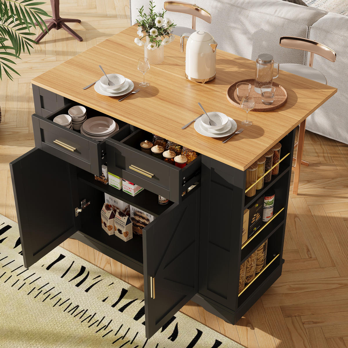 KÜCHENINSEL Schwarz 120/65/90 cm - Schwarz, Holzwerkstoff (65/90/120cm) - Urban Meuble
