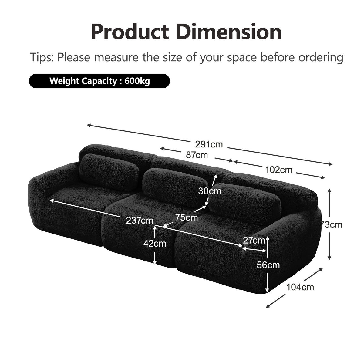 3-SITZER Sofa 291x104x73 cm aus Plüschstoff rahmenlos modular, schwarz - Schwarz, Textil (104/73/291cm)