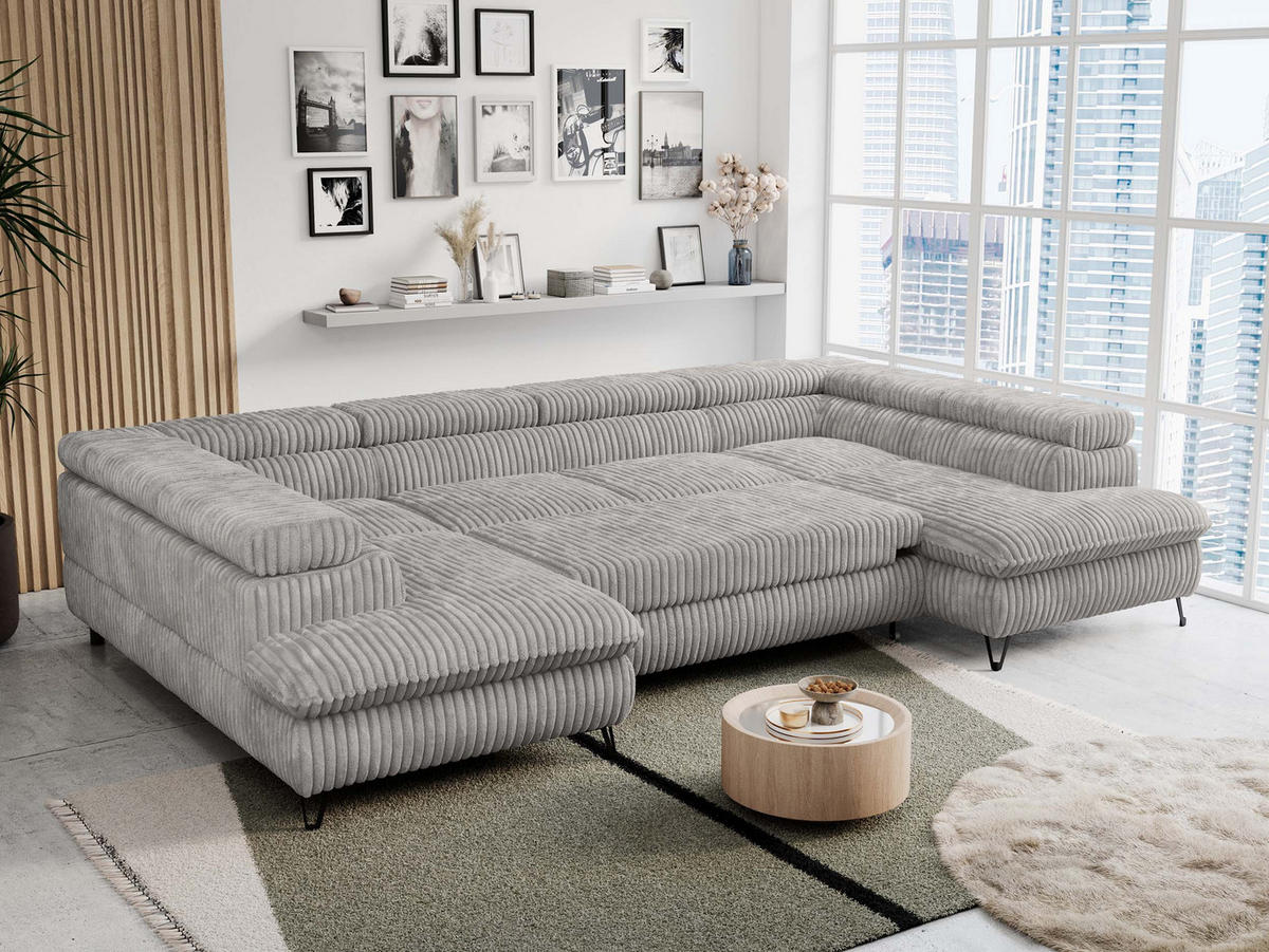 WOHNLANDSCHAFT PETER U Cord Grau - Schwarz/Grau, Textil/Metall (346/76/208cm) - MKS