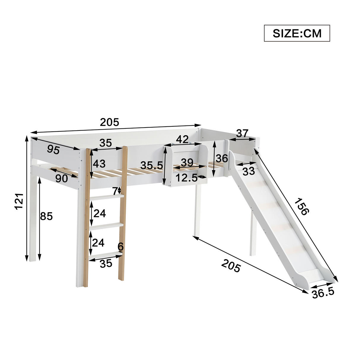 HOCHBETT 90/200 cm Weiß+Natur mit Rutsche und abnehmbarem Regal aus Kiefer+MDF - Weiß, Holzwerkstoff (90/200cm) - OKWISH