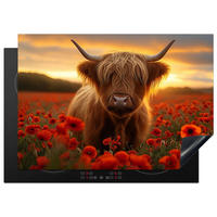 HERDABDECKPLATTE Schottische Highlander - Rosen - Blumenfeld - Sonnenuntergang Herdabdeckung Induktionsfeld 75x52 cm - Rotbraun, Kunststoff (75/52/0.2cm) - MuchoWow