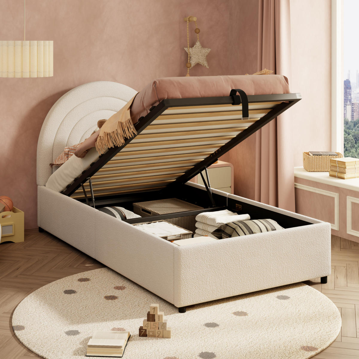 POLSTERBETT 90/200 cm beige aus Bouclé mit Stauraum - Beige, Holzwerkstoff (90/200cm) - OKWISH