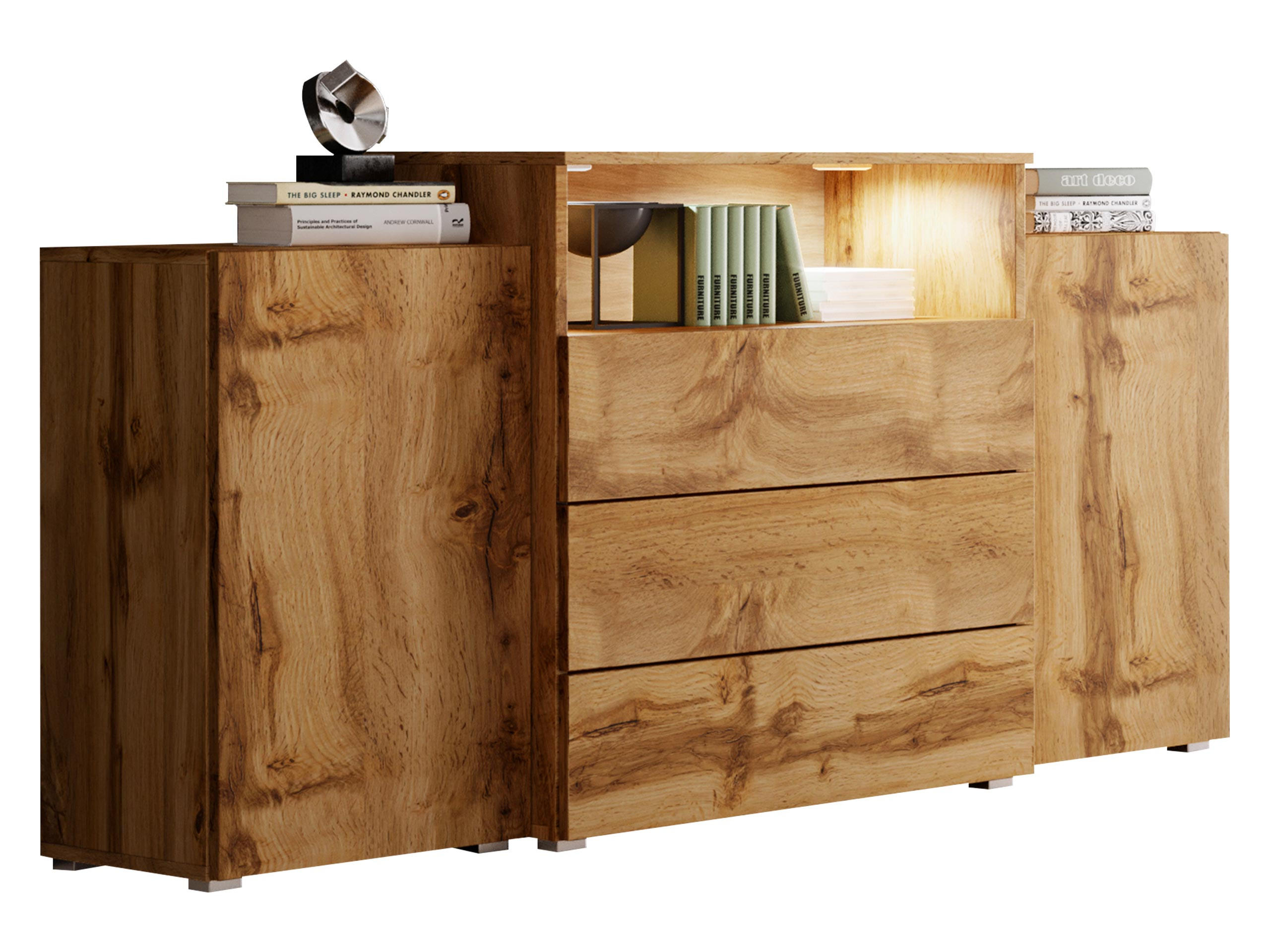 SIDEBOARD Urban III - weißer LED Beleuchtung - Eiche Wotan/Alufarben, Holzwerkstoff/Kunststoff (150/81/39cm) - MIRJAN24