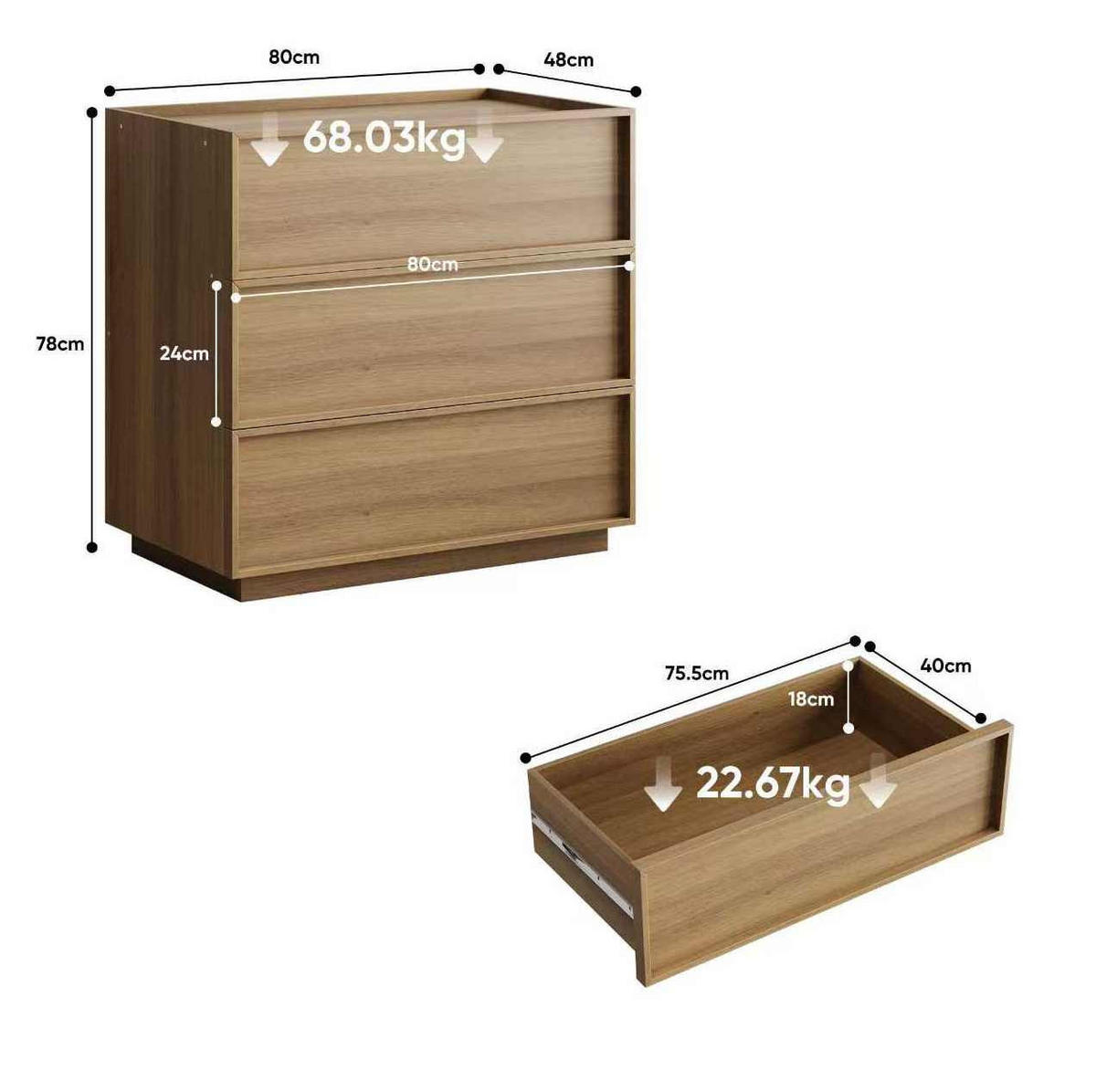 KOMMODE 80/78/48 cm Eichefarben aus MDF und Spanplatte mit 3 Schubladen - Nussbaumfarben, Holzwerkstoff (48/78/80cm) - OKMYHOME