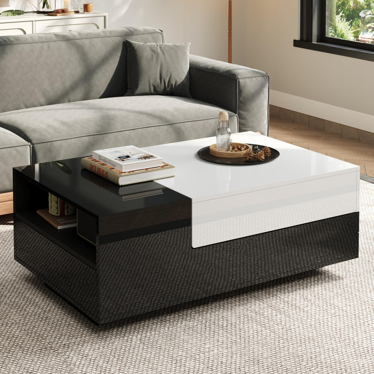 COUCHTISCH Hochglanz 100cm Schublade Schiebeplatte Stauraum modern - Weiß, Holzwerkstoff (100/50/38cm) - FLIEKS