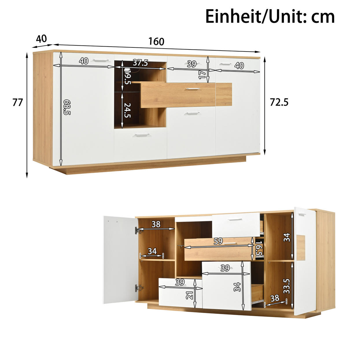 SIDEBOARD 160/40/77 cm in Weiß und Holzoptik mit LED-Beleuchtung und 4 Schubladen - Naturfarben, Holzwerkstoff (160/77/40cm) - Flora Grace