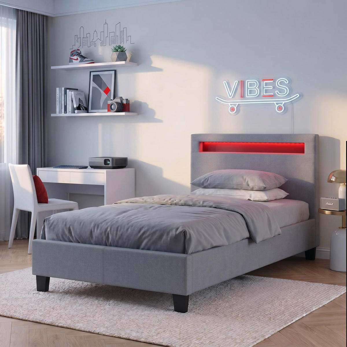 POLSTERBETT MIT LED HIMALAYA 90X200 CM - Grau, Textil (90/200cm) - CARO-Möbel