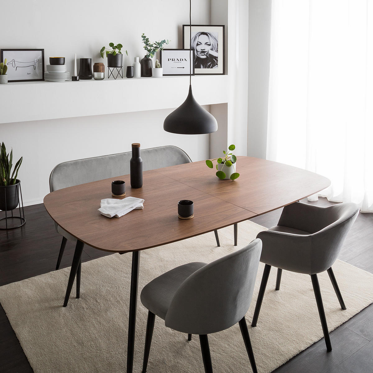 ESSTISCH mit Ausziehfunktion - Walnuss Furnier / Metall - Walnussfarben, Holzwerkstoff (105/180/75cm) - home24