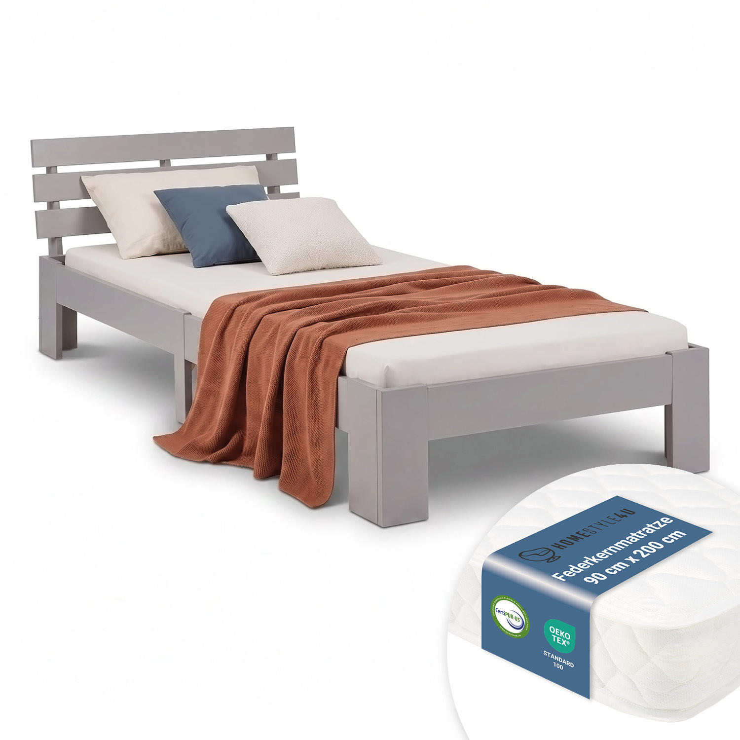 HOLZBETT Grau 90/200 cm Jugendbett mit Federkernmatratze - Grau, Holz (90/200cm) - Homestyle4u