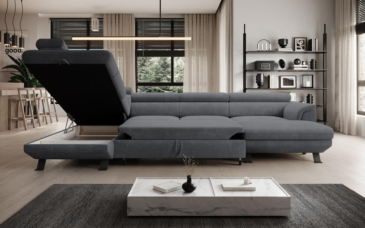 ECKSCHLAFSOFA Raven XL, Verstellbaren Kopfstützen, Bettkasten, Großes Sofa 334x198x162cm Linke, Stahl - Edelstahlfarben, Holz/Textil (198/334cm) - DomoHome