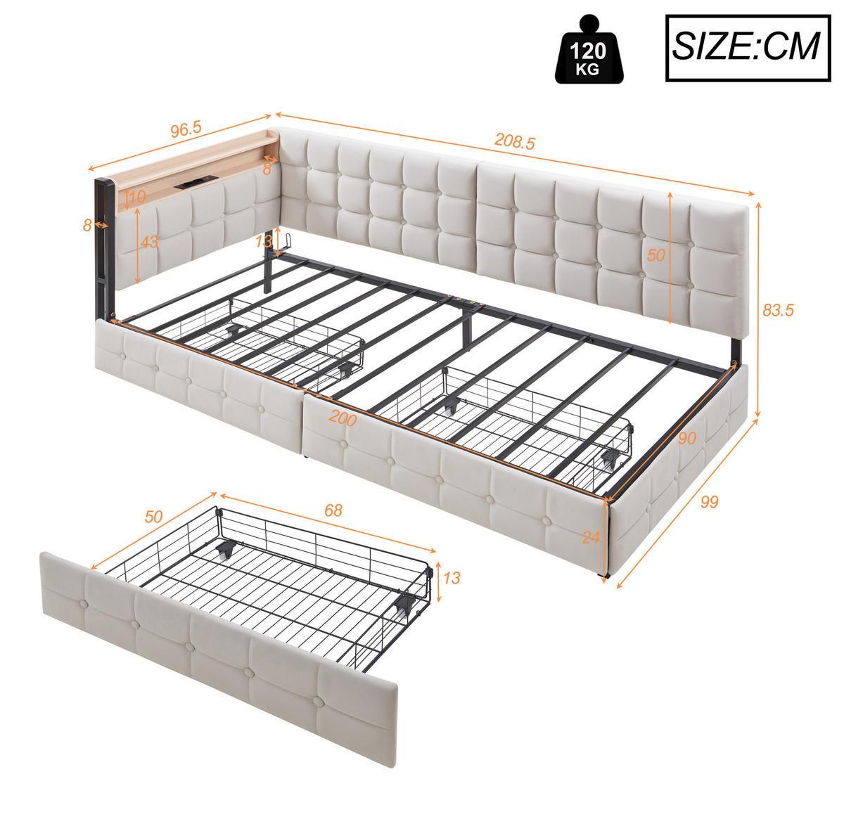 POLSTERBETT 90/200 cm Beige aus Samt mit 2 Schubladen und LED-Beleuchtung - Beige, Textil (90/200cm) - OKMYHOME