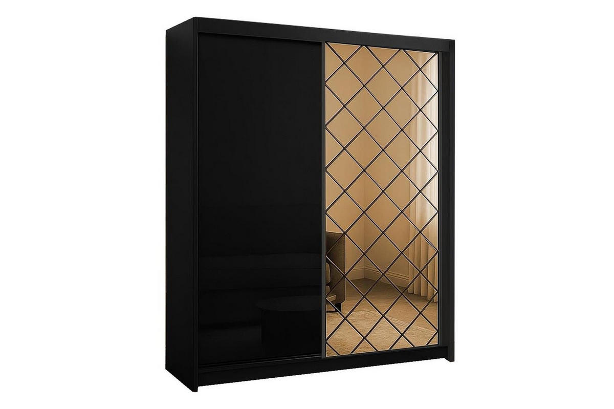 KLEIDERSCHRANK Karo 203 Schwarz, zweitüriger Schiebeschrank mit Spiegel - Schwarz, Holzwerkstoff (203/216/62cm) - Bettso
