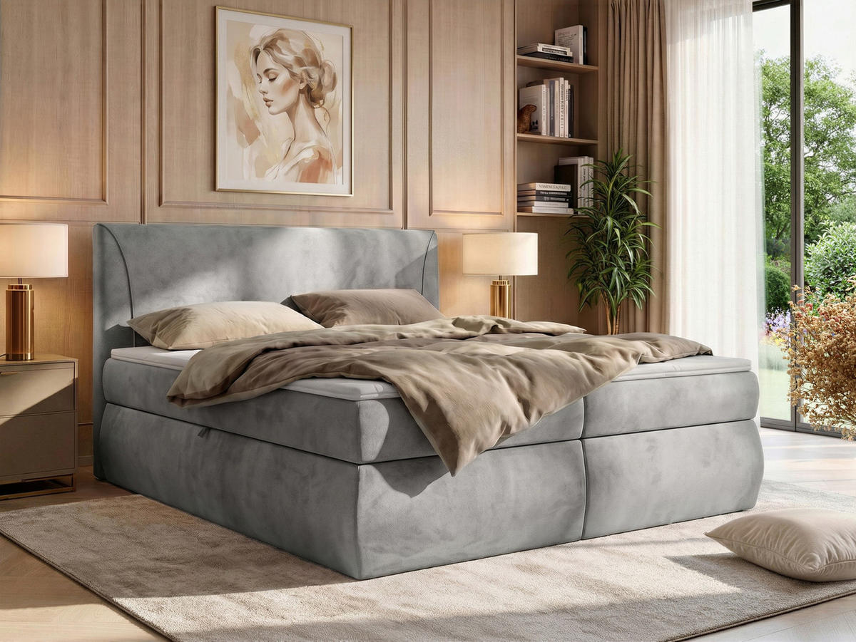 POSTEL BOXSPRING TARENZA 140/200 - Světle šedá Samet - Topper T25 - H3 - černá/světle šedá, textil/plast (140/200cm) - MKS