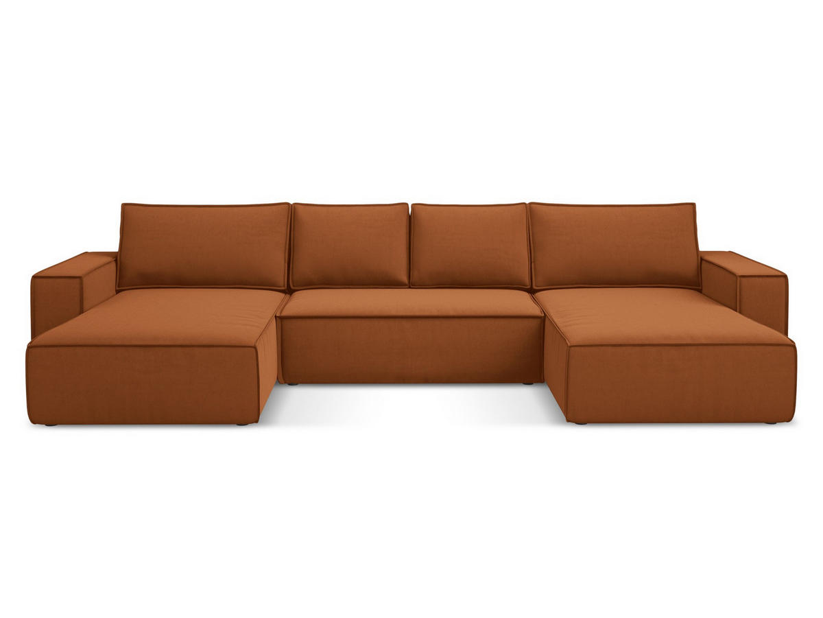 WOHNLANDSCHAFT Samt Stoff Orange - Terra cotta/Schwarz, Kunststoff/Textil (398/82/185cm) - Makamii