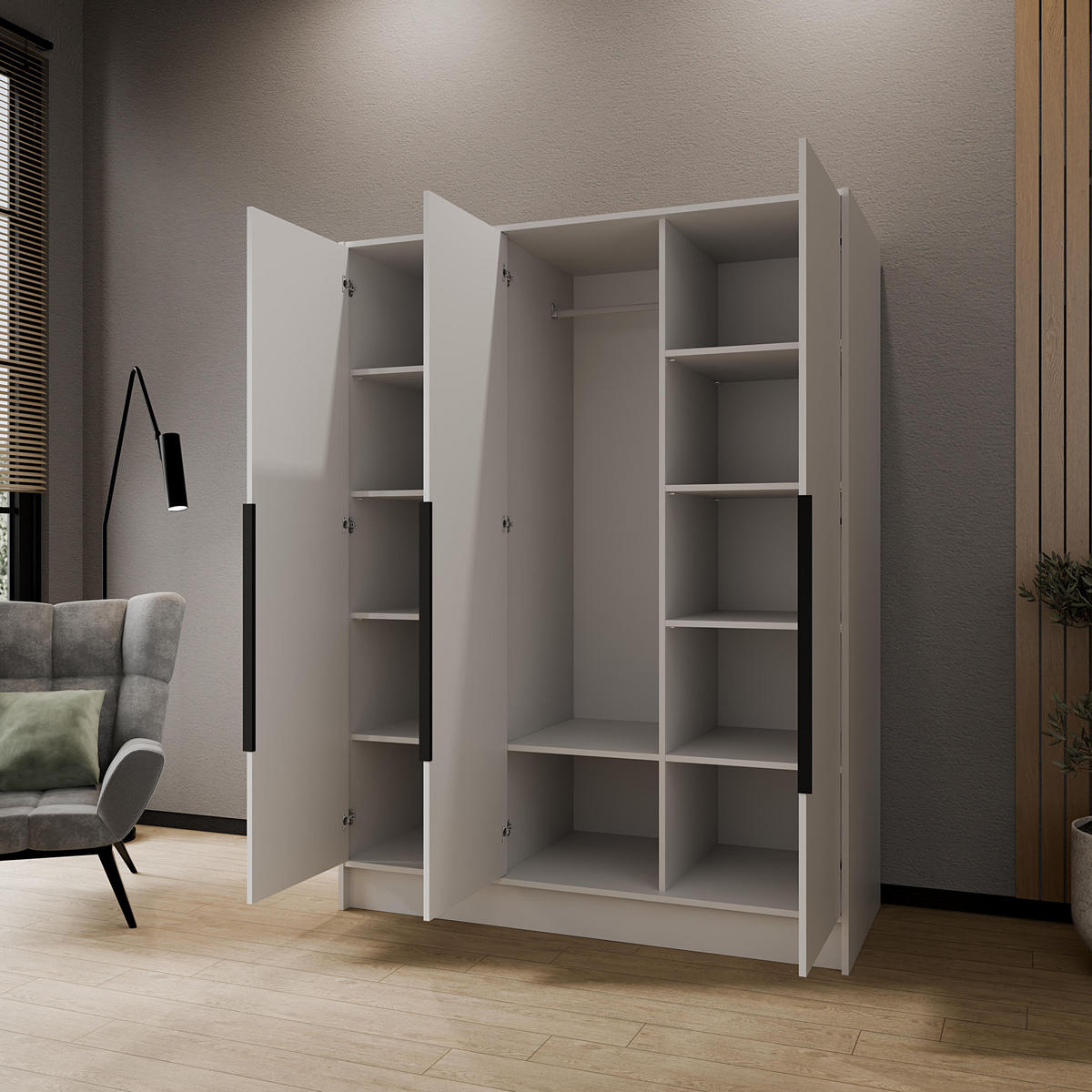 KLEIDERSCHRANK Mono Bis im Skandi-Stil, Drehtüren mit Schwarze Metallgriffe, Weiß 150/200/51 cm - Weiß, Holzwerkstoff (150/200/51cm) - WFL GROUP