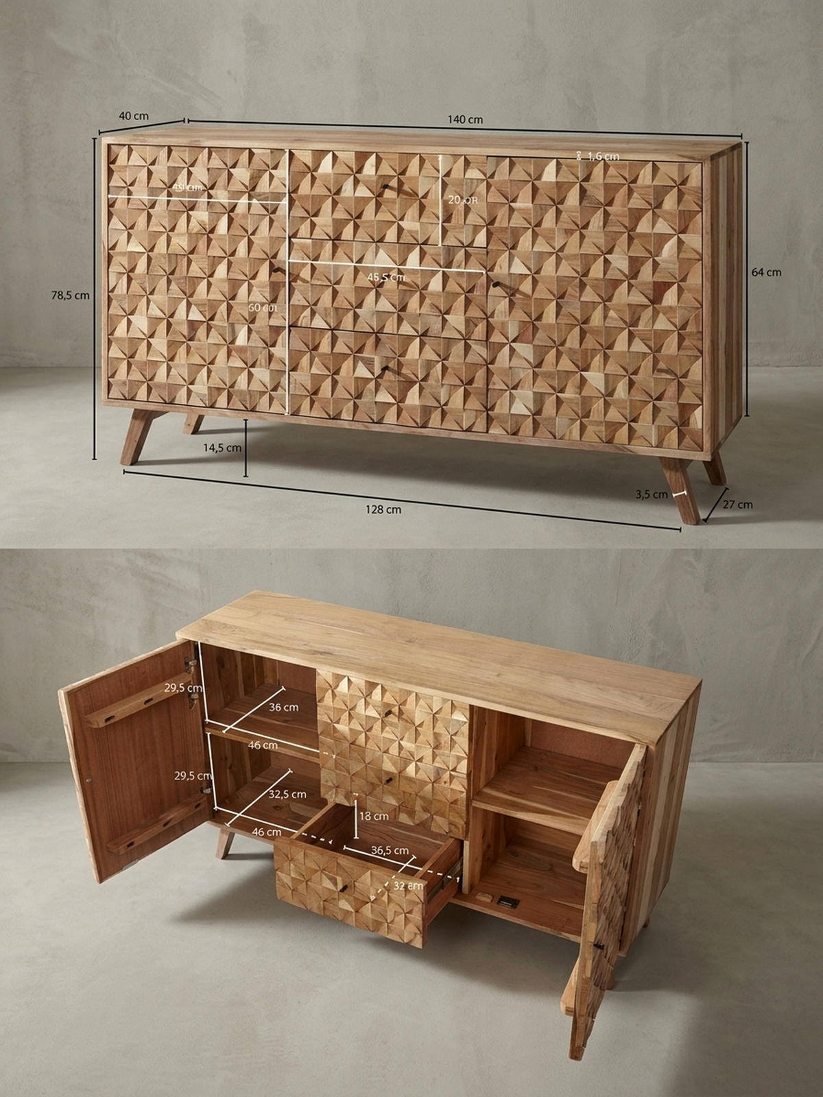 SIDEBOARD – ALME, Akazie Massivholz, 140x78,5x40 cm, Landhausstil, 3 Schubladen, 2 Türen - Braun, Akazienholz/Holz (140/79/40cm) - KADIMA DESIGN