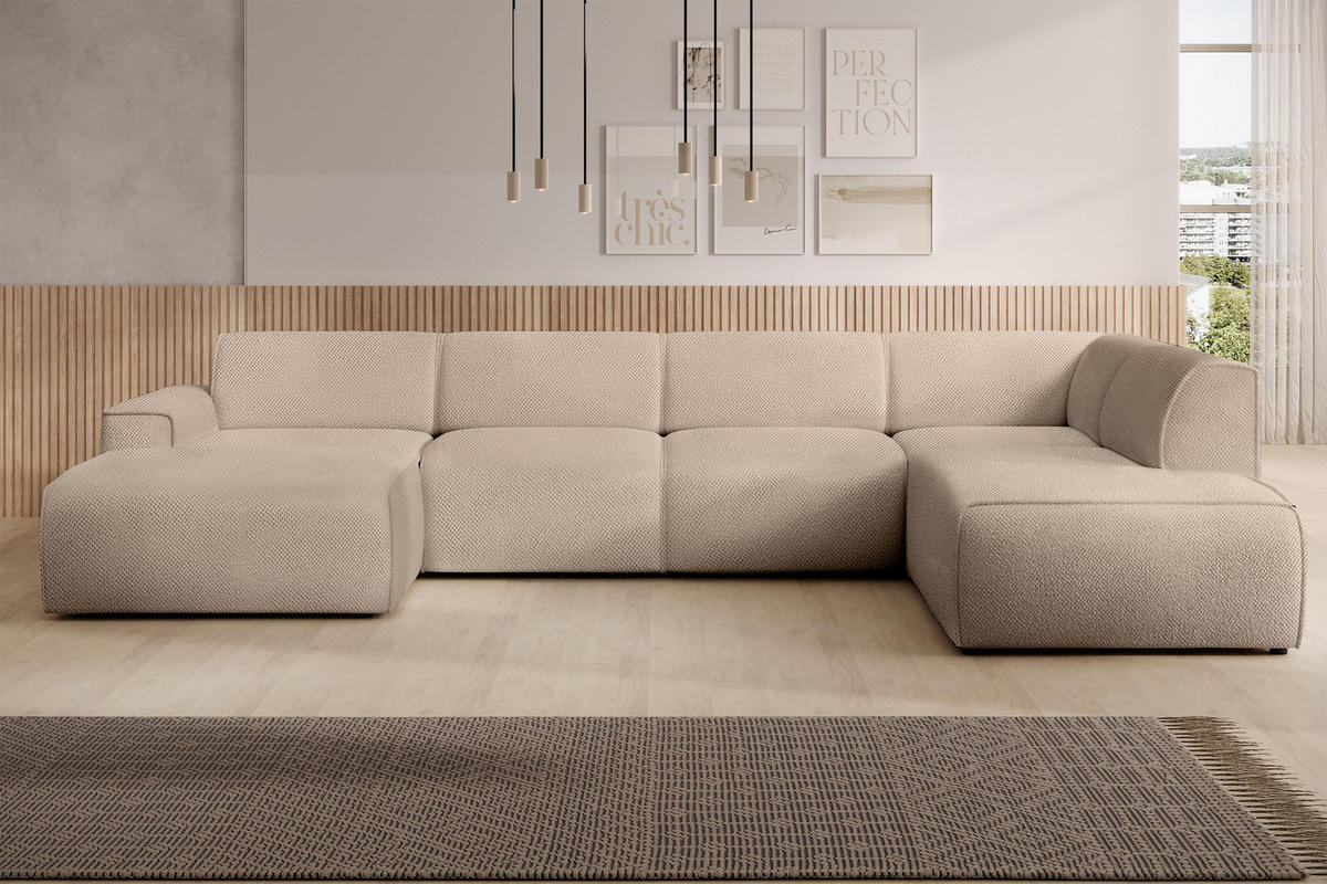 WOHNLANDSCHAFT Didim Beige 378/220/78 cm – großes Sofa stilvoll & bequem R - Beige/Schwarz, Kunststoff/Textil (378/78/220cm) - AX Living