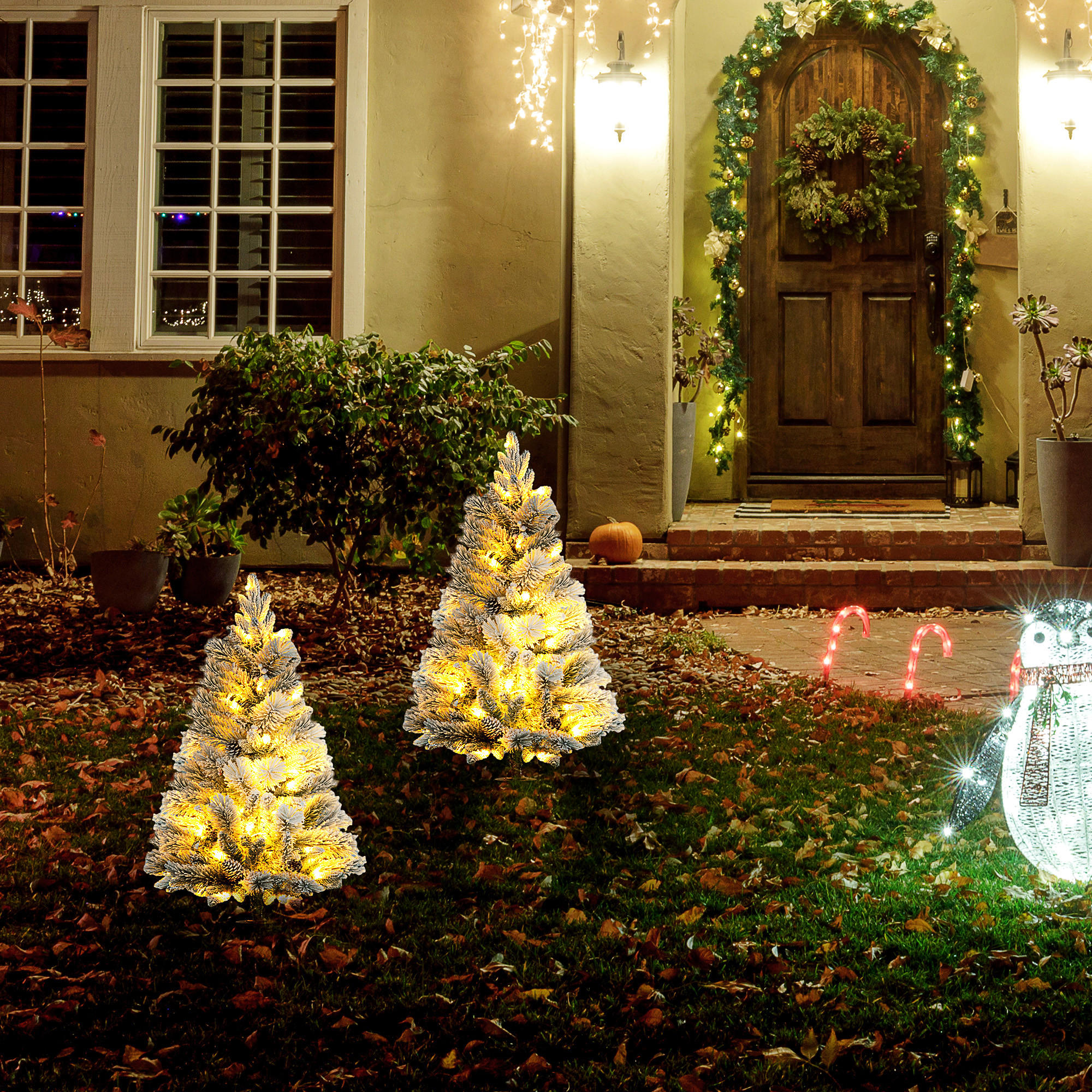 107 cm Künstlicher Weihnachtsbaum, 2er-Set mit 100 LED-Lichten flammhemmend - Weiß/Grün, Kunststoff/Metall (107cm) - HOMCOM