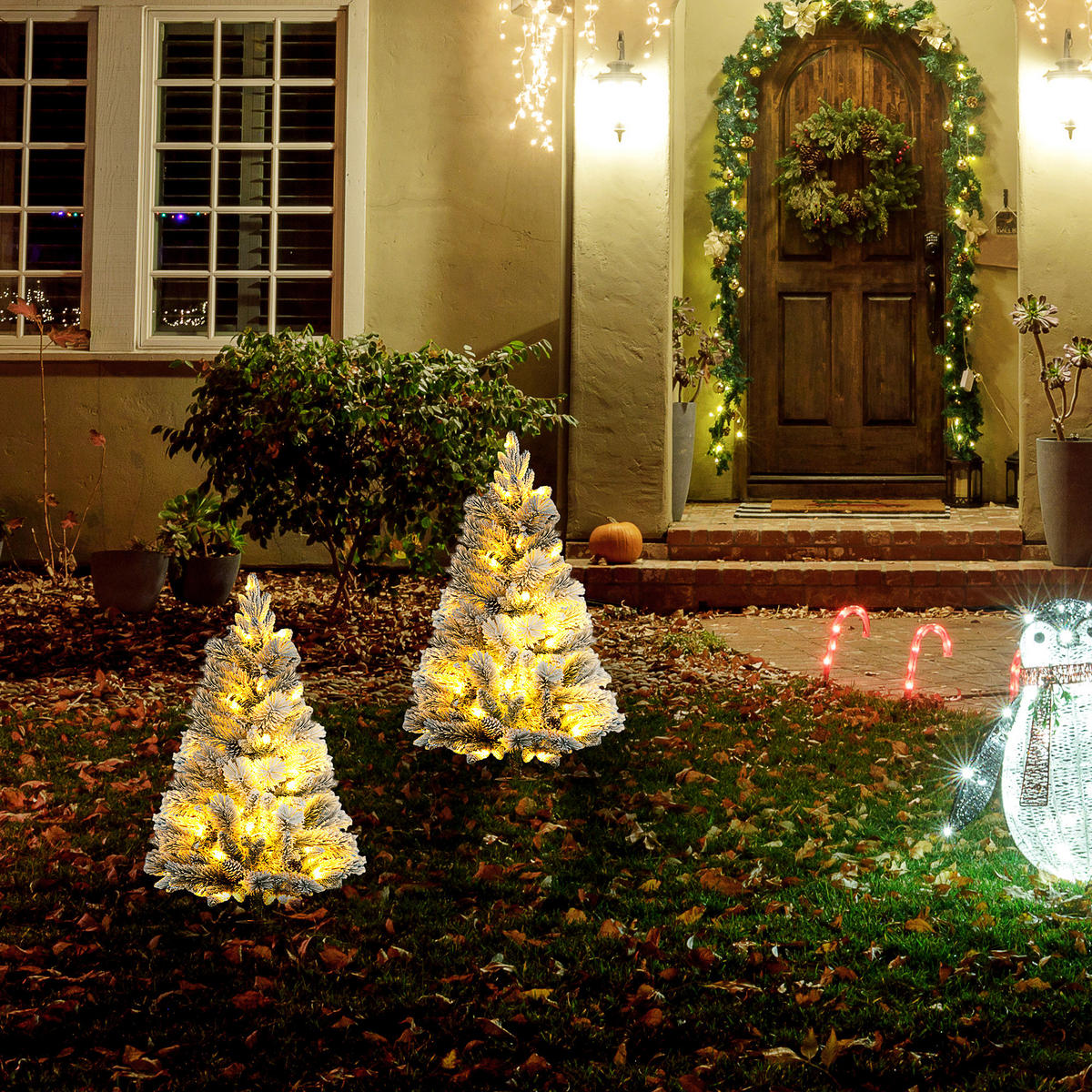 107 cm Künstlicher Weihnachtsbaum, 2er-Set mit 100 LED-Lichten flammhemmend - Weiß/Grün, Kunststoff/Metall (107cm) - HOMCOM