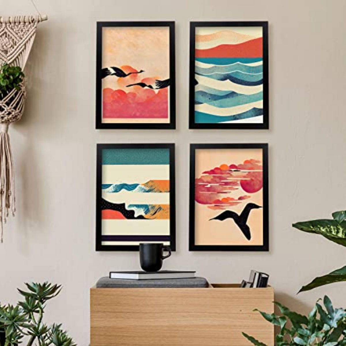 POSTER Set mit 4 Vogel im Abstrakt Moderne Galaxien A4 Weißer Rahmen - Weiß, Papier (29.7/3cm) - Nacnic