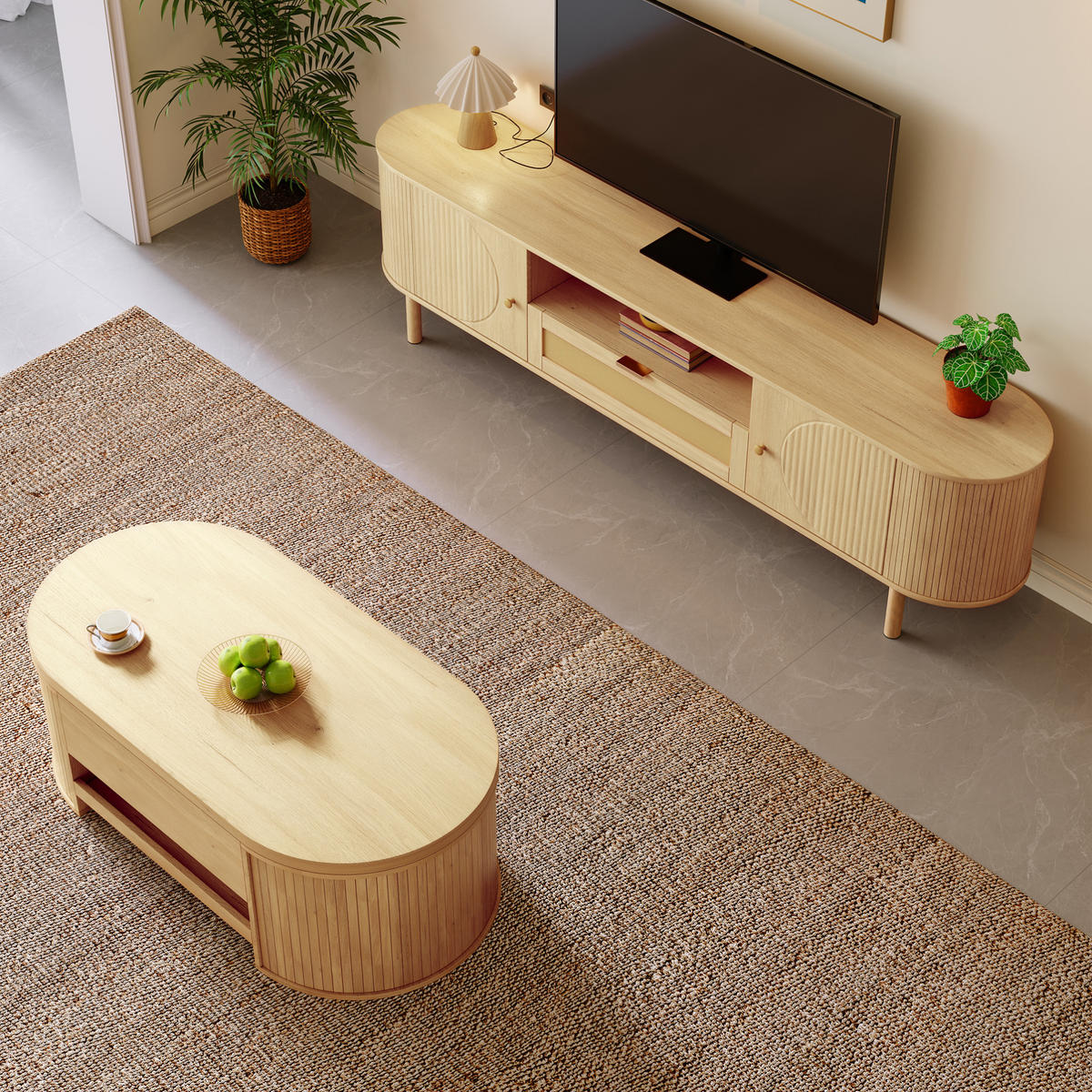 WOHNZIMMERMÖBEL-SET mit höhenverstellbarem Couchtisch und TV-Schrank Natural 2-tlg. - Braun, Holzwerkstoff (36/51/175.1cm) - Beauniv