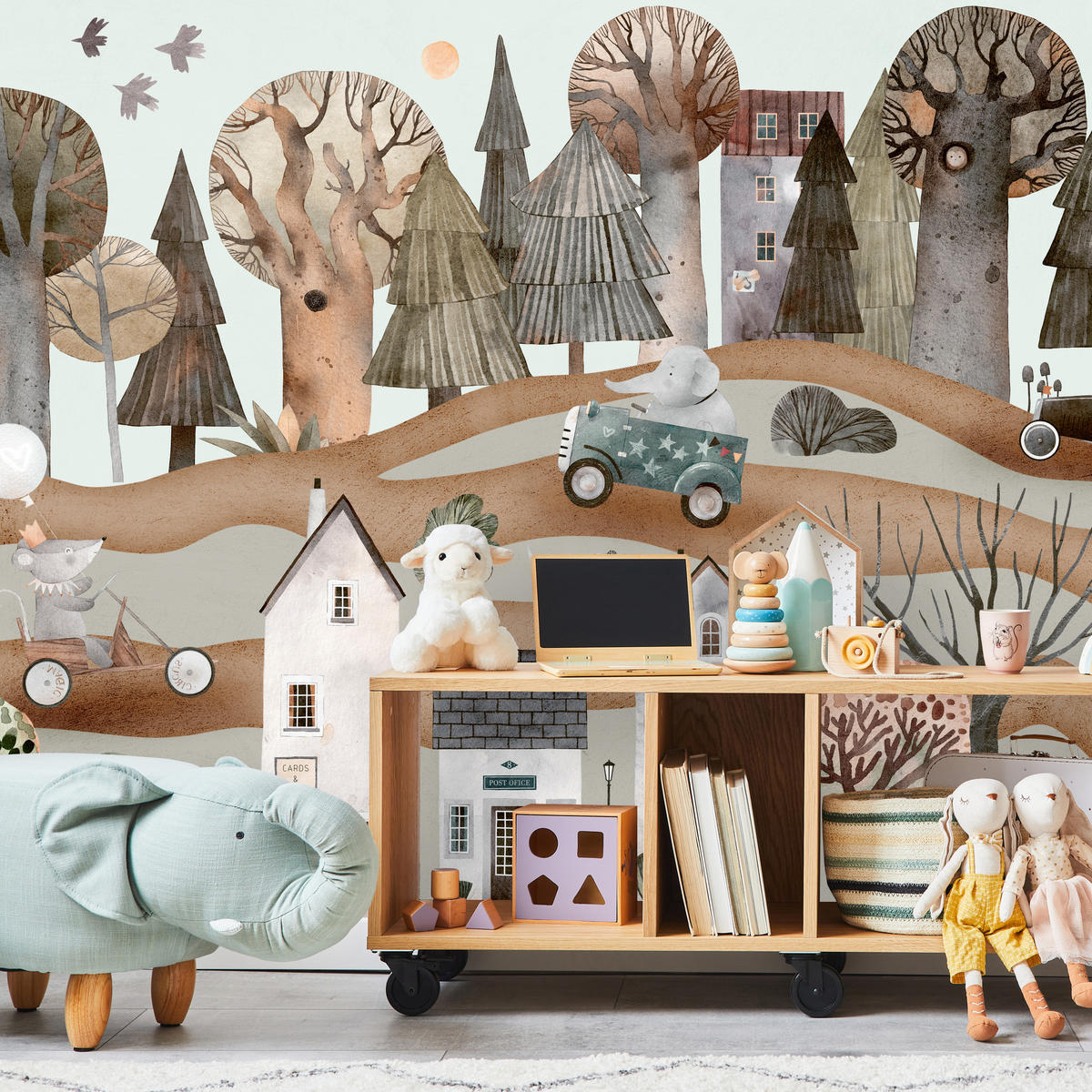 FOTOTAPETE für Kinderzimmer Fantastische Stadt Häuser Wald Tiere Autos 250x175 - Beige/Braun, Papier (250/175cm) - Muralo