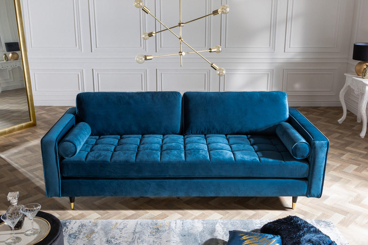 3-SITZER SOFA COZY VELVET Eukalyptus Samt Blau 220 cm - Blau/Goldfarben, Holz/Textil (220/90/85cm) - riess-ambiente