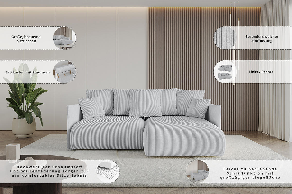 ECKSOFA Ottomane rechts ONESK-L 216x177x72 Grün Bouclé - Olivgrün/Grün, Holzwerkstoff/Kunststoff (177/216cm) - ALTDECOR