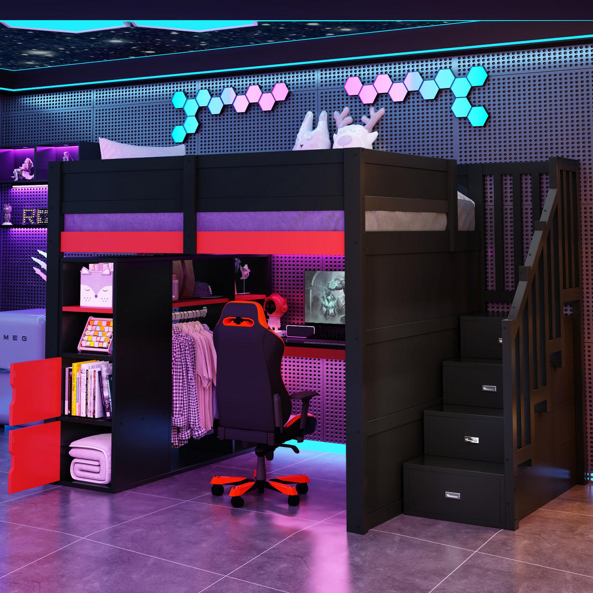 HOCHBETT 140/200 cm schwarz aus MDF mit Schreibtisch und Stauraumtreppe - Schwarz, Holzwerkstoff (140/200cm) - OKWISH