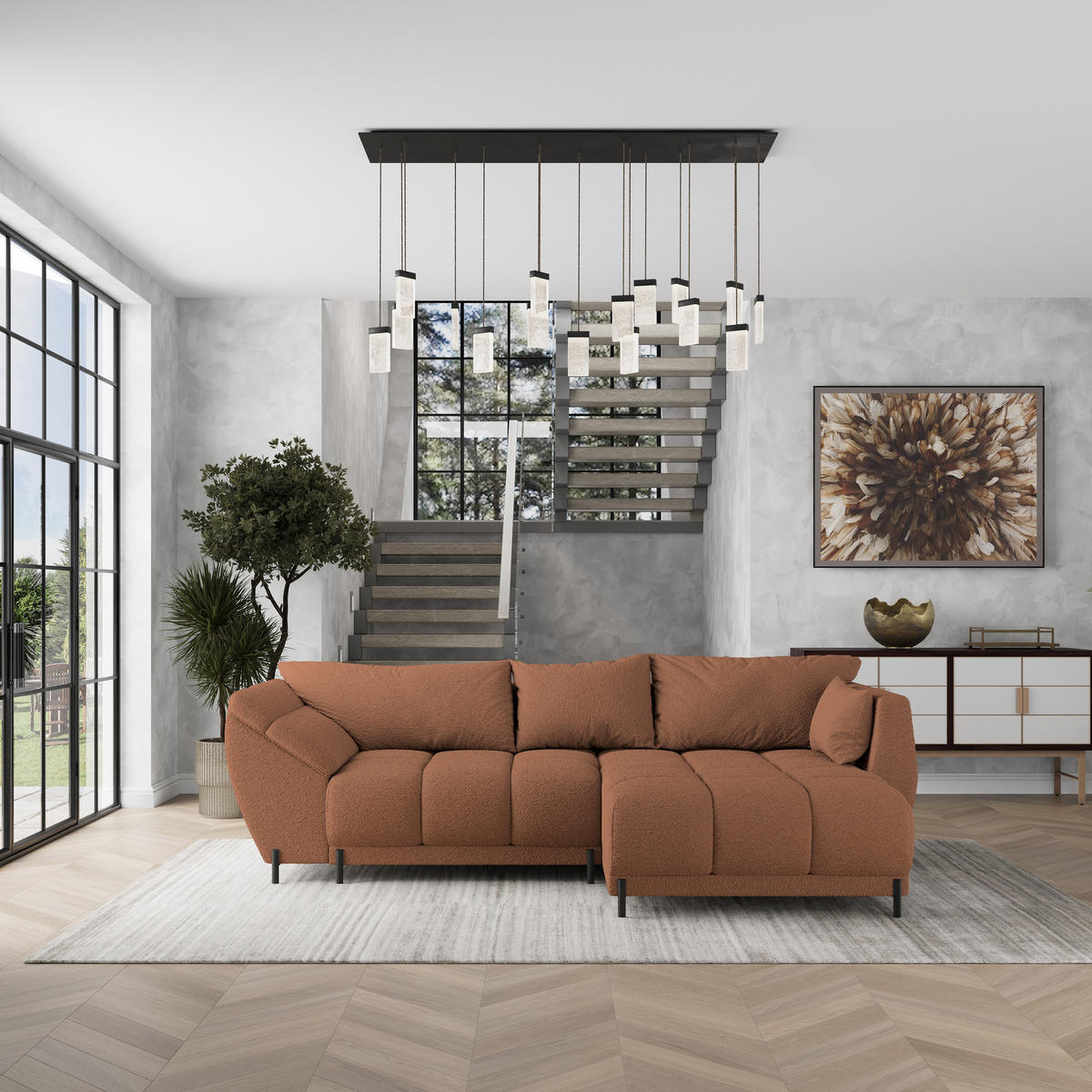 ECKSOFA VESTANO R-S Kupferfarben Boucle-Stoff mit Schlaffunktion - Kupferfarben, Holz (287/182cm) - MASSENO