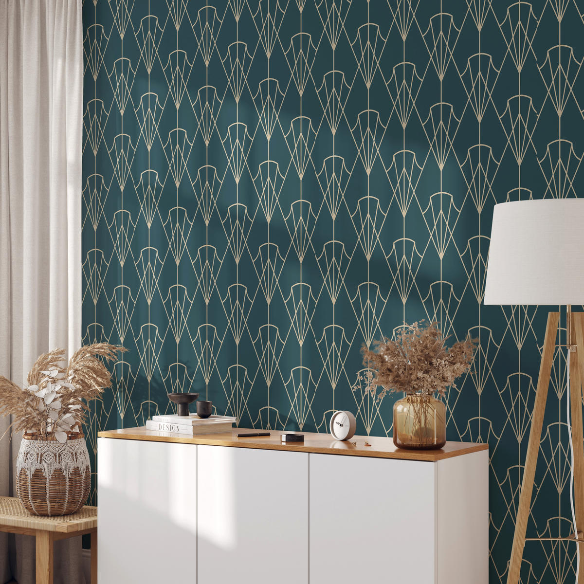 TAPETE Art Deko aus echtem Papier, 200x280cm, 8 Bögen - Blau, Papier (200/280cm) - WALLPAPERS4BEGINNERS