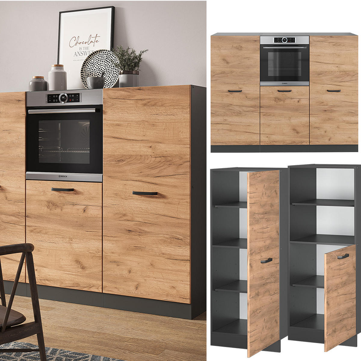 KÜCHENBLOCK R-Line Goldkraft Eiche/Anthrazit 180 cm ohne AP - Honigeiche/Anthrazit, Holzwerkstoff (180/81.6/46cm) - Vicco