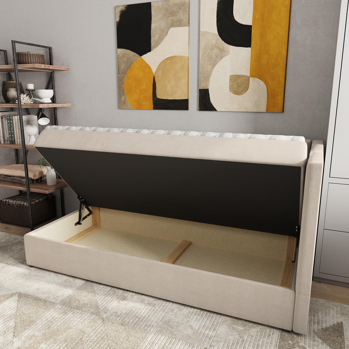 BOXBETT BEVE 80x200 cm mit Matratze und Topper, H2+H3 - Beige - Beige, Holz (80/200cm) - MASSENO