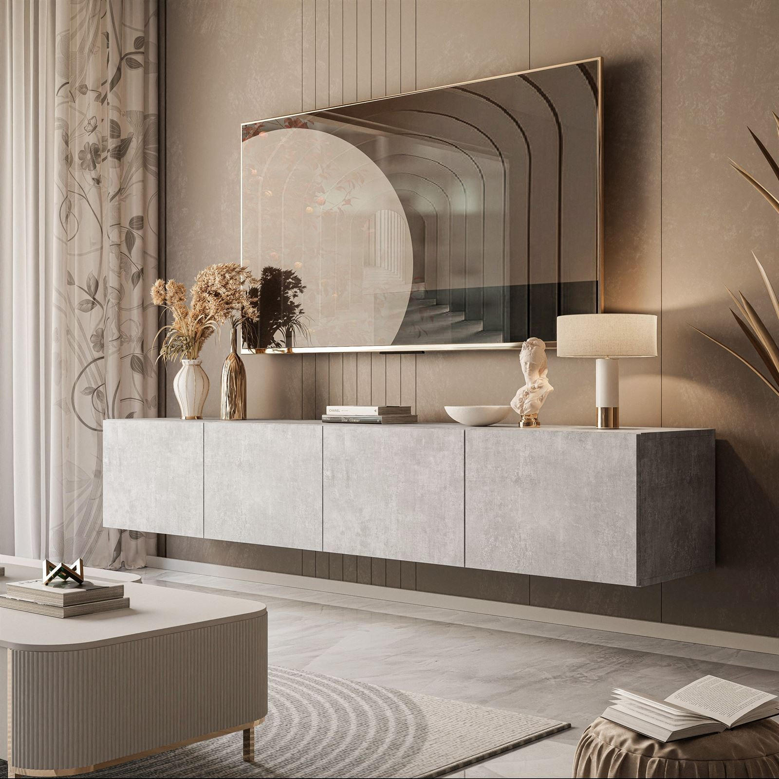 HÄNGESCHRANK TV-Möbel COLGANTE BETON 200 cm mit LED Beleuchtung - Grau, Holzwerkstoff (200/36/40cm) - Lookway