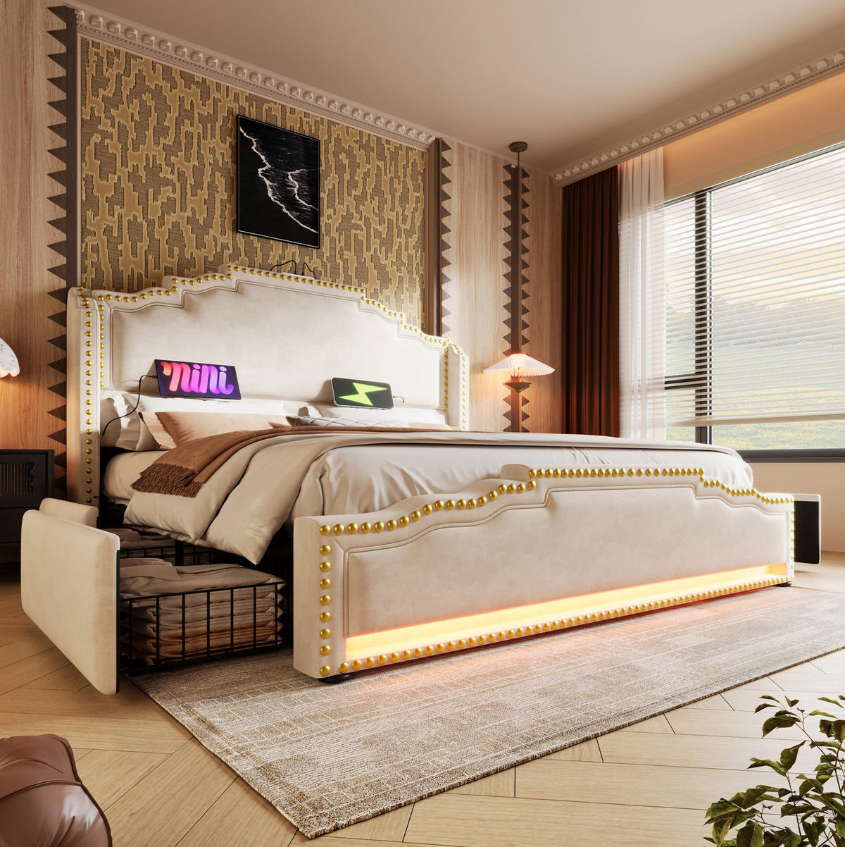 POLSTERBETT aus Samt 160x200 cm Beige mit Matratze, 4 Schubladen, LED-Beleuchtung und USB-C - Beige, Textil (160/200cm) - IVMEU