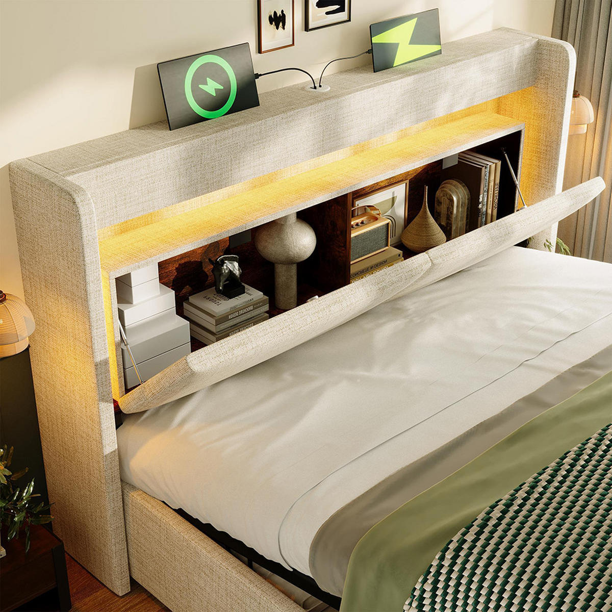 POLSTERBETT 160x200cm in Beige Leinen,ohne Matratze - Beige, Textil (160/200cm)