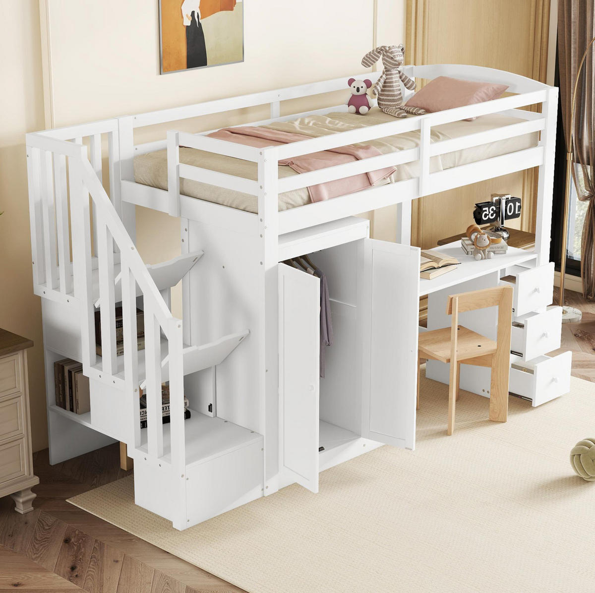 HOCHBETT 90/200 cm mit Schreibtisch, Kleiderschrank, Schubladen, Stauraumtreppe und Lattenrost aus Kiefer , Weiß - Weiß, Holzwerkstoff (90/200cm) - Redom