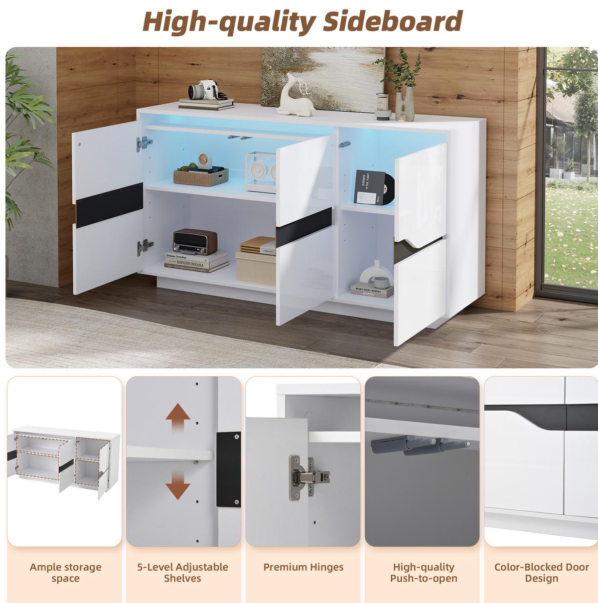 SIDEBOARD 140/40/70 cm mit 3 Türen, LED und Hochglanzfront in Weiß/Schwarz - Weiß, Holzwerkstoff (140/70/40cm) - BEAOK