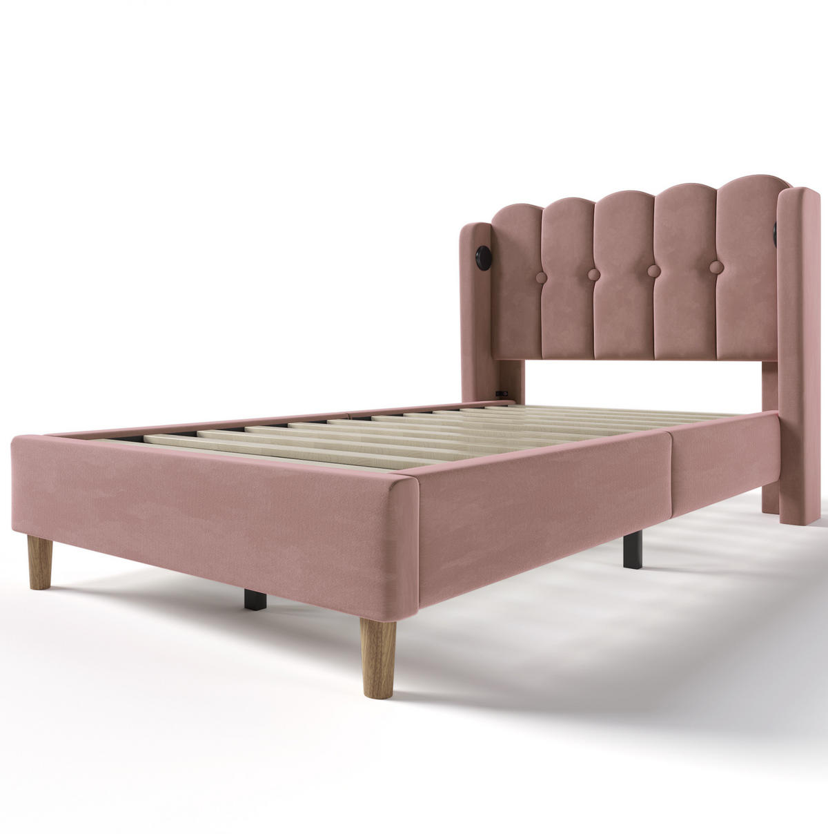 POLSTERBETT 90/200 cm mit USB- und Typ-C-Anschluss, Lattenrost und Matratze, Samtbezug mit Paneel-Kopfteil, Rosa - Rosa, Textil (90/200cm) - Redom
