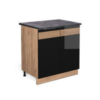 KÜCHENUNTERSCHRANK Fame-Line Schwarz Eiche hochglanz 80 cm mit Regal, AP Anthrazit - Schwarz Hochglanz/Eiche Wotan, Holzwerkstoff (80/82/60cm) - Vicco