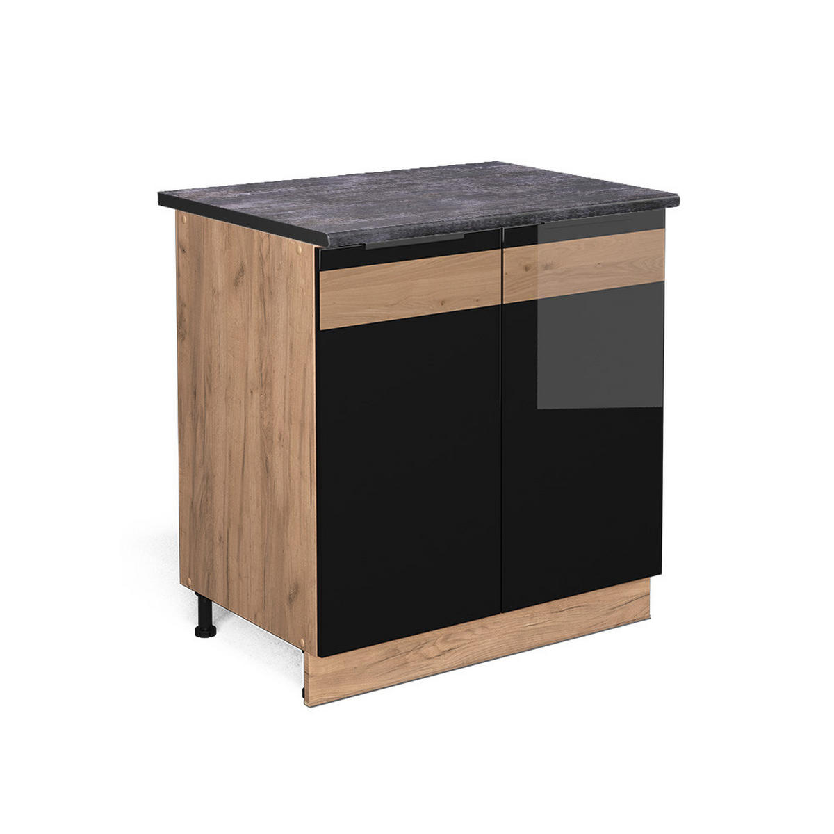 KÜCHENUNTERSCHRANK Fame-Line Schwarz Eiche hochglanz 80 cm mit Regal, AP Anthrazit - Schwarz Hochglanz/Eiche Wotan, Holzwerkstoff (80/82/60cm) - Vicco